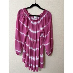 Mele Beach Dress summer holiday One Size Pink white Tie Dye Long Slv Tiered